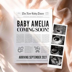 Editable newspaper baby announcement template, Pregnancy announcement newspaper template, Canva newspaper pregnancy announcement, 184