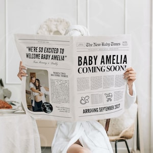 Editable newspaper baby announcement template, Pregnancy announcement newspaper template, Canva newspaper pregnancy announcement, 184