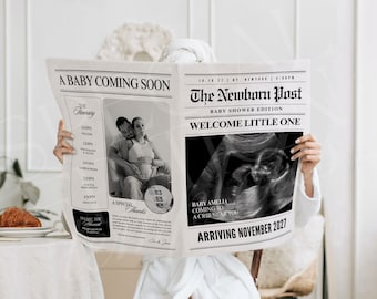 Canva baby shower krant sjabloon, bewerkbare baby shower voorspellingen games, zwangerschap aankondiging ideeën, instant digitale download, 193