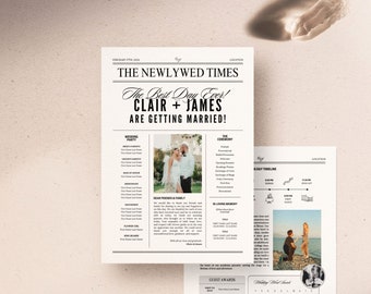 Editable Newspaper Wedding Program, 2 sided Canva Wedding Newspaper Template, Custom Wedding Day Post Template Canva, Newlywed times, 076