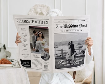 Programa de bodas de periódico grande, plantilla de periódico de boda Canva, plantilla de tabloide del club de periódicos, periódico grande doblado del día de la boda, 110