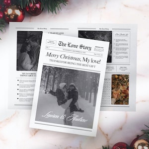 Plantilla de periódico navideño para parejas, regalos navideños para parejas, regalo navideño editable para novio y para él, tarjeta de boletín imprimible