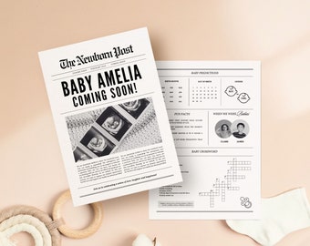 May include: A black and white newspaper announcement with the headline "Baby Amelia Coming Soon!"  The announcement includes an ultrasound image and a message about celebrating a new life.  The second page includes a baby prediction chart, fun facts, a "When We Were Babies" section with photos of the parents, and a baby crossword puzzle.