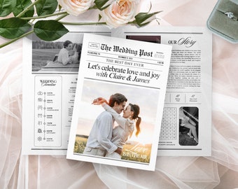 Editable Newspaper Wedding Program Template, Canva Wedding Newspaper Template, Wedding Day Custom Newspaper, Newlywed Times News Paper, 152