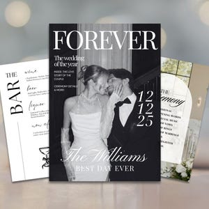 May include: Three wedding cards. The central card is a magazine cover with the word "FOREVER" and a black and white photo of a couple. The other cards include "THE BAR" and "THE Ceremony" text.