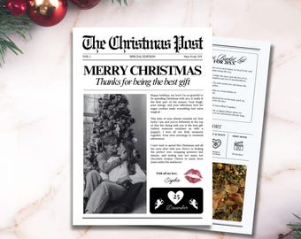 Szablon gazety świątecznej dla pary, prezenty do druku dla chłopaka, edytowalna kartka świąteczna do newslettera, wyjątkowy prezent dla niego i dla niej, 341