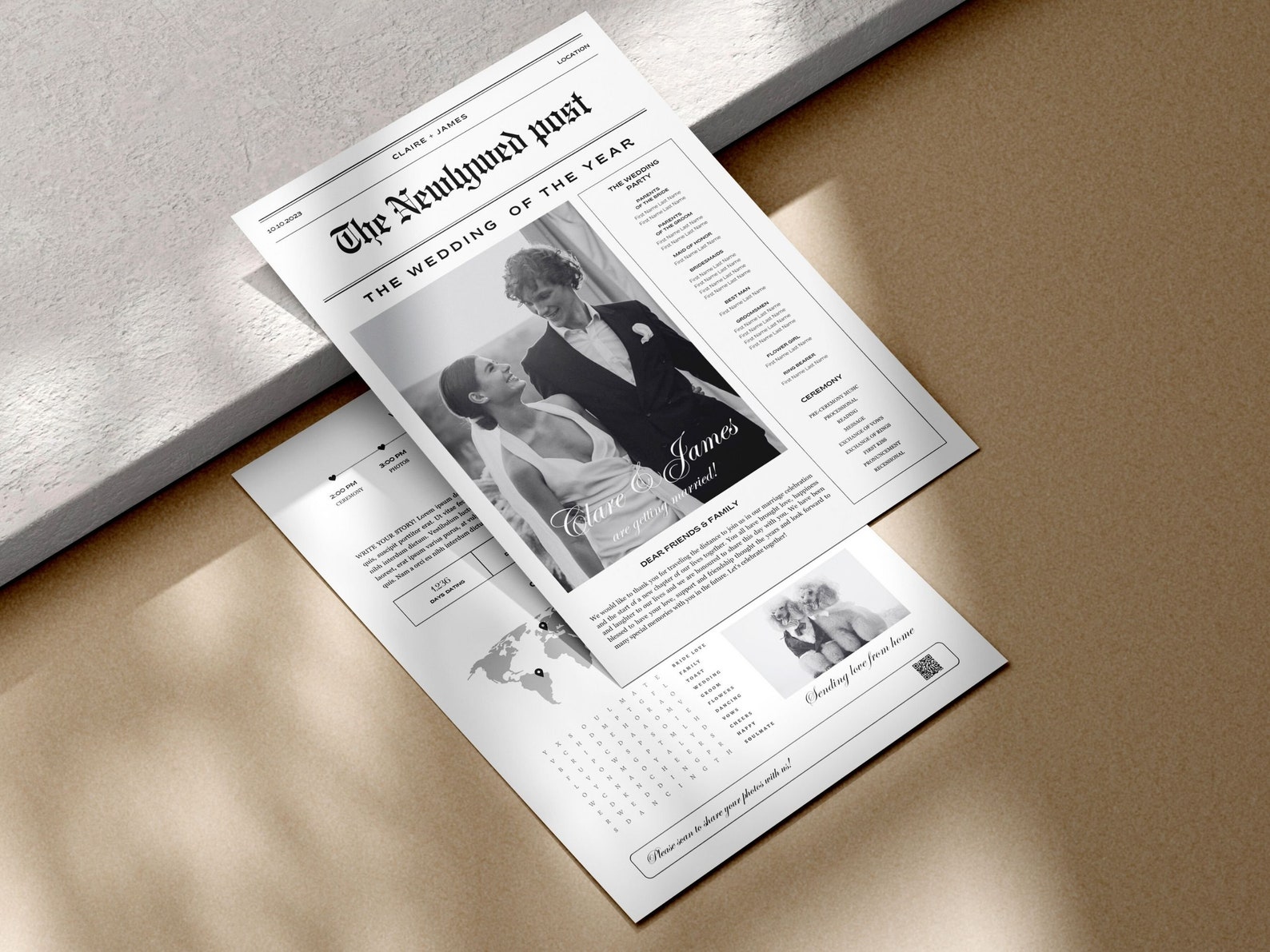 2 Sided Canva Wedding Newspaper Template, Editable Newspaper Wedding