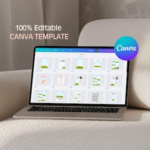 May include: A laptop displaying a Canva template with various design options. The screen shows a grid of different layouts, with the text "100% Editable CANVA TEMPLATE" at the top. A Canva logo is visible in the upper right corner. The laptop is on a beige couch.