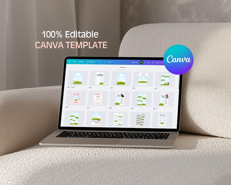 May include: A laptop displaying a Canva template with various design options. The screen shows a grid of different layouts, with the text "100% Editable CANVA TEMPLATE" at the top. A Canva logo is visible in the upper right corner. The laptop is on a beige couch.