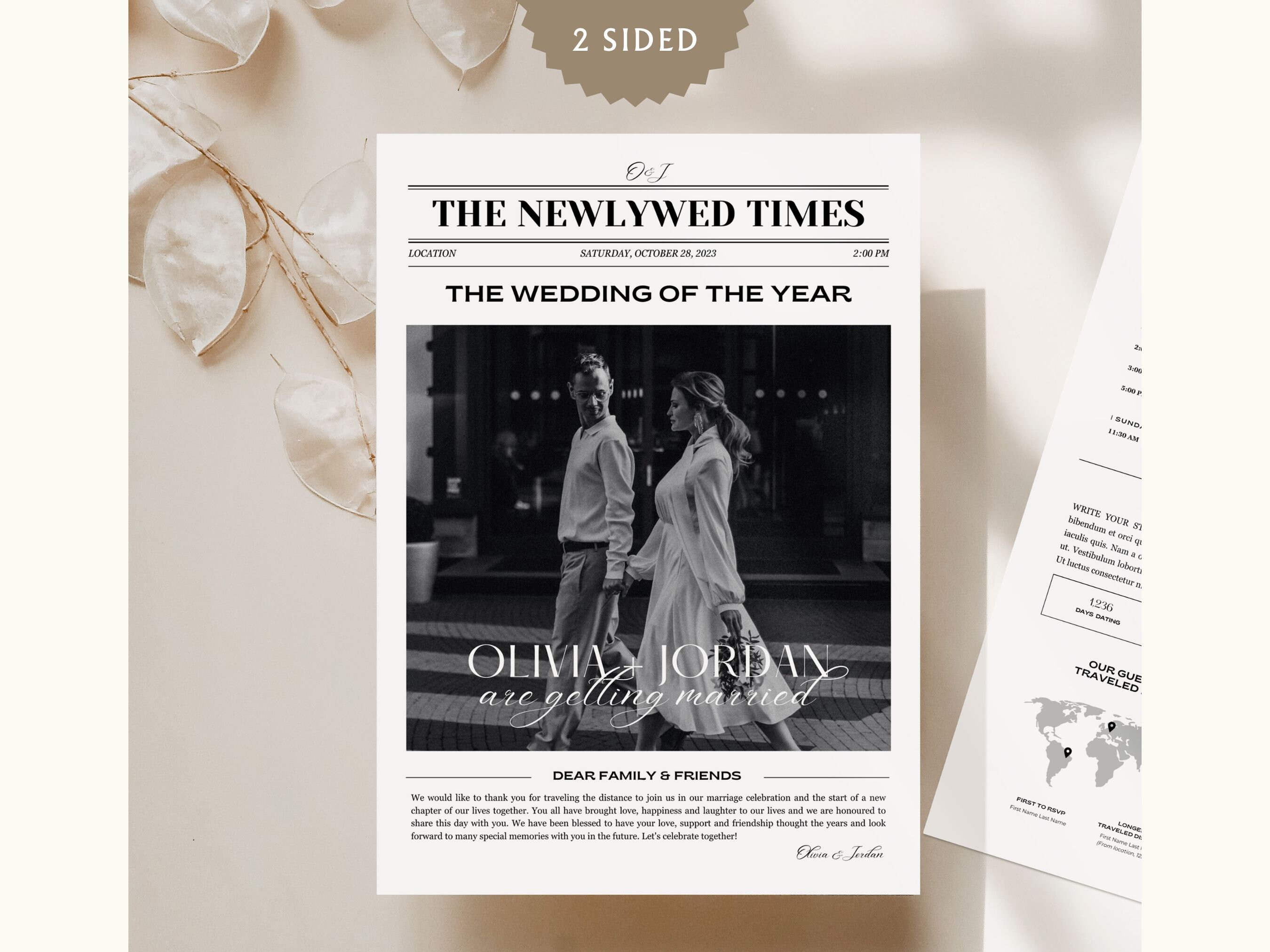 2 sided Canva Wedding Newspaper Program, Newspaper Wedding Template, Editable Wedding Day Newspaper Template, Custom newspaper wedding, 053