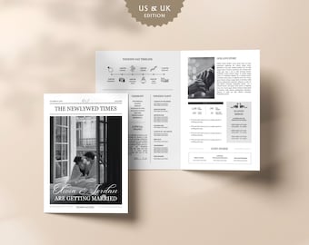 Printable Wedding Newspaper Program, Canva Folded Wedding Newspaper Template, Large newspaper wedding custom, Digital Folded Newspaper, 004