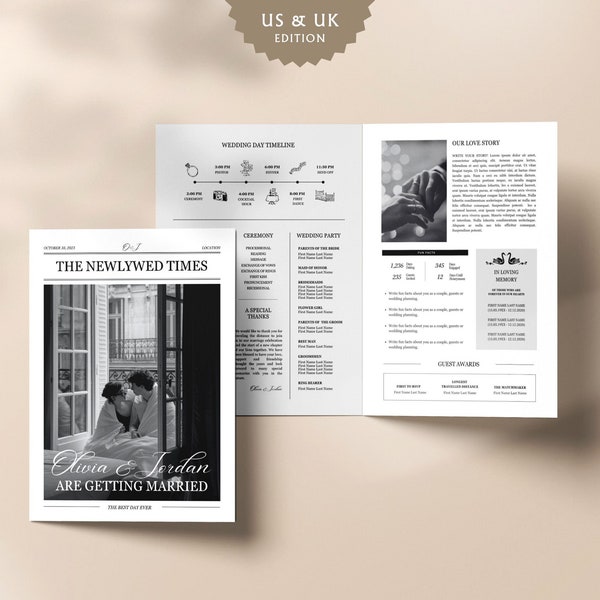 Printable Wedding Newspaper Program, Canva Folded Wedding Newspaper Template, Large newspaper wedding custom, Digital Folded Newspaper, 004