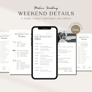 Szablon planu weekendu ślubnego Canva, Szablon harmonogramu ślubu cyfrowego, Edytowalny szczegół weekendu ślubnego, Harmonogram weekendu ślubnego, 050