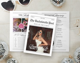 Editable bachelorette itinerary newspaper template, Canva bachelorette weekend newspaper itinerary, Weekend bachelorette party games, 130