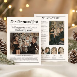 一年を振り返るクリスマスカード新聞テンプレート、What A Year ホリデーニュースレターカード、編集可能なクリスマスニュースレター、Canva テンプレート、266