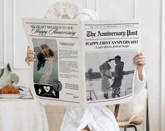 Edytowalny szablon gazety rocznicowej, prezent na 1. rocznicę dla chłopaka, do wydrukowania karta na 1. rocznicę, niestandardowa gazeta Canva, 172