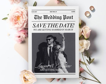 Canva Newspaper Save The Date Template, Large Save The Date Newspaper, Wedding Invitation Newspaper, Newspaper wedding invitation, 092