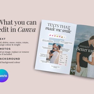 May include: A Canva template with the text "TEXTS THAT made me smile" and the words "Better together, always." The template includes editable text, photos, and background options. A Canva logo is in the lower left corner.