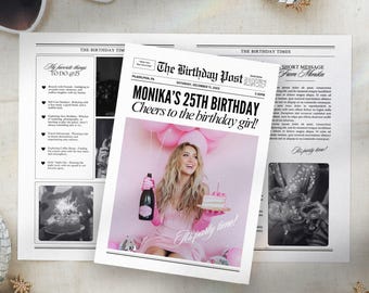 May include: A newspaper-style birthday card with a pink background and a photo of a woman holding a bottle of champagne and a slice of cake. The headline reads "Monika's 25th Birthday Cheers to the birthday girl!"