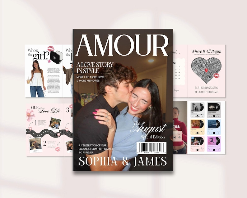 Plantilla de revista personalizada para parejas, regalo de aniversario personalizado para novio, regalos de cumpleaños para él y para ella, revista Canva, 327 imagen 1