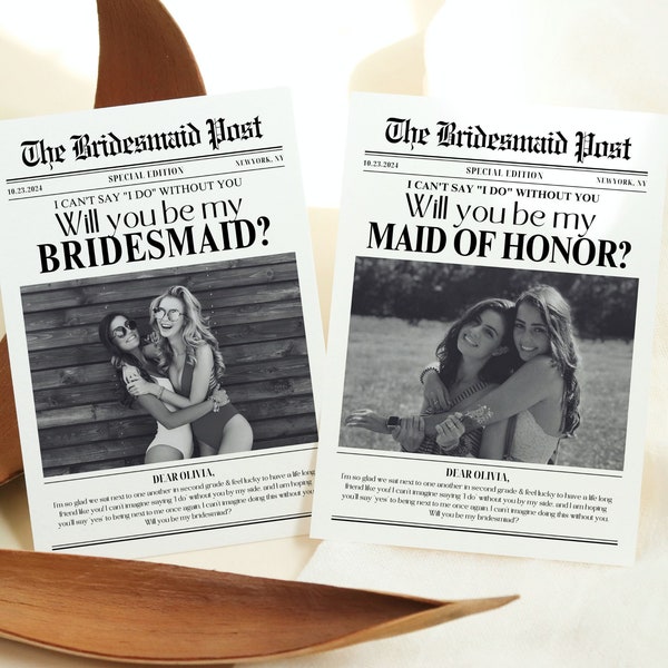 Will You Be My Bridesmaid Proposal Card, Maid of Honor Info Cards, Printable Digital Download Template, Custom Wedding Party Newspaper, 190