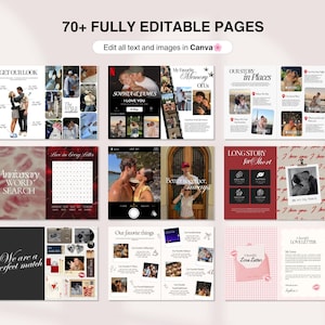 Puede incluir: Un conjunto de plantillas digitales con m&aacute;s de 70 p&aacute;ginas totalmente editables para Canva, que muestra varios dise&ntilde;os con collages de fotos, cuadros de texto y elementos gr&aacute;ficos como sopas de letras, cartas de amor y l&iacute;neas de tiempo.