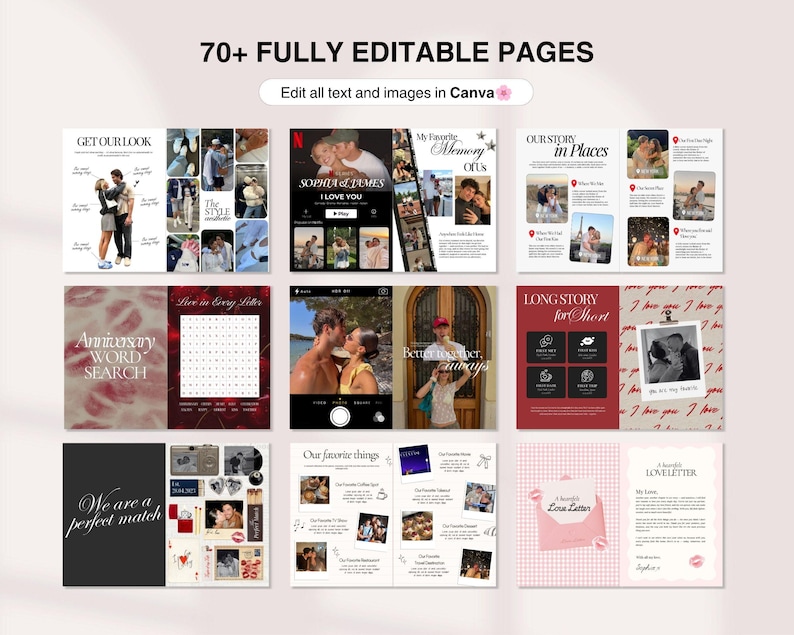 Puede incluir: Un conjunto de plantillas digitales con m&aacute;s de 70 p&aacute;ginas totalmente editables para Canva, que muestra varios dise&ntilde;os con collages de fotos, cuadros de texto y elementos gr&aacute;ficos como sopas de letras, cartas de amor y l&iacute;neas de tiempo.
