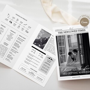 May include: A black and white wedding announcement in the style of a newspaper. The headline reads "The Newlywed Times" with the couple's names, "Olivia & Jordan", and the text "Are Getting Married" below. The image shows a black and white photo of the couple embracing in a window.