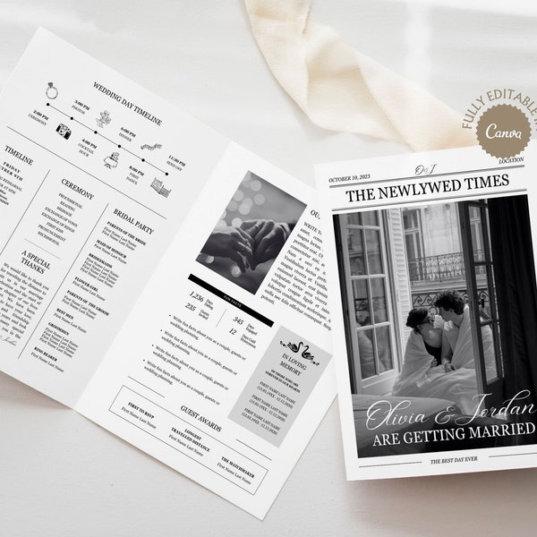 Wedding Newspaper Template Canva, Folded Newspaper Wedding Program, Large Wedding Newspaper Printable, Custom Wedding Table Games, 004