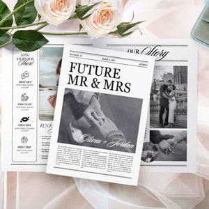 未来のミセスとミセスの新聞、編集可能な婚約発表、写真撮影のための婚約時間、私たちは婚約しました、Canva テンプレート、173
