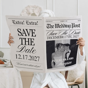 Save the date newspaper template, Engagement announcement, Wedding invitations, Photoshoot prop news paper, Editable Canva download, 377