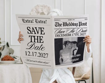 Save the date newspaper template, Engagement announcement, Wedding invitations, Photoshoot prop news paper, Editable Canva download, 377