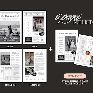 May include: A black and white wedding newspaper design with the headline "The Wedding Post" and the text "The Best Day Ever." The front page features a photo of a couple. The design includes "6 pages included" and "Extra inside & back pages included."