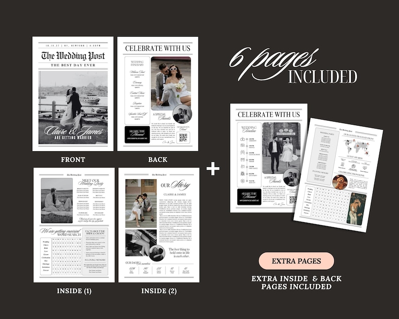 May include: A black and white wedding newspaper design with the headline "The Wedding Post" and the text "The Best Day Ever." The front page features a photo of a couple. The design includes "6 pages included" and "Extra inside & back pages included."