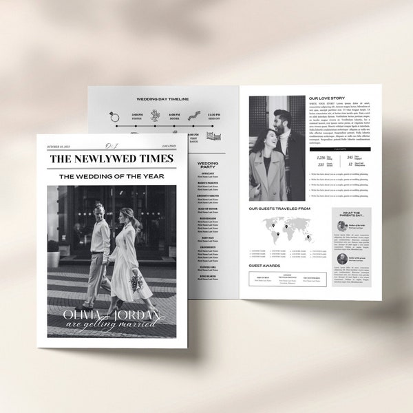 Folded Large Wedding Newspaper, Wedding Newspaper Canva Template, Editable Newspaper Wedding Program, Newspaper Club Tabloid Template, 040