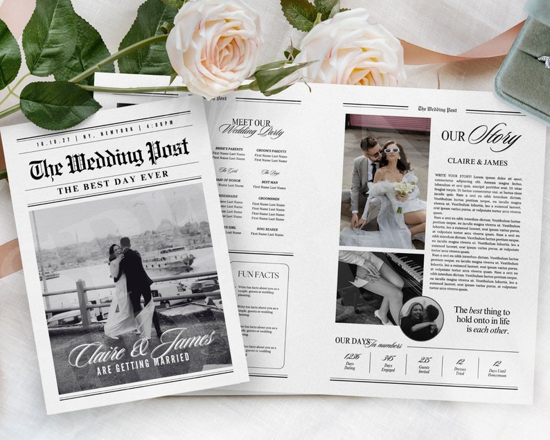 Großes Zeitungs-Hochzeitsprogramm, Canva-Hochzeitszeitungsvorlage, Zeitungsclub-Tabloid-Vorlage, gefaltete große Hochzeitstag-Zeitung, 110 Bild 2