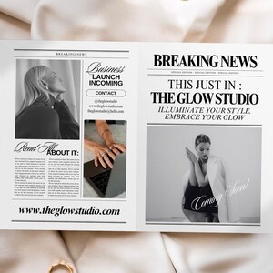 Op de afbeelding: Een zwart-witte krantenadvertentie voor een nieuw bedrijf genaamd "The Glow Studio". De advertentie luidt "Nieuw: The Glow Studio. Verlicht je stijl, omarm je glow." De advertentie bevat ook een foto van een vrouw met haar handen voor zich gevouwen, en de tekst "Komt binnenkort!"