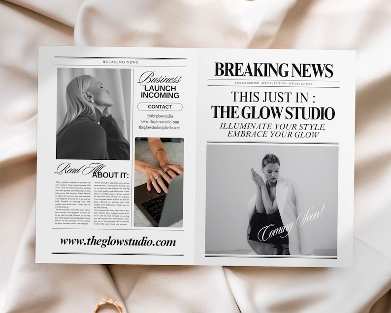 Op de afbeelding: Een zwart-witte krantenadvertentie voor een nieuw bedrijf genaamd "The Glow Studio". De advertentie luidt "Nieuw: The Glow Studio. Verlicht je stijl, omarm je glow." De advertentie bevat ook een foto van een vrouw met haar handen voor zich gevouwen, en de tekst "Komt binnenkort!"