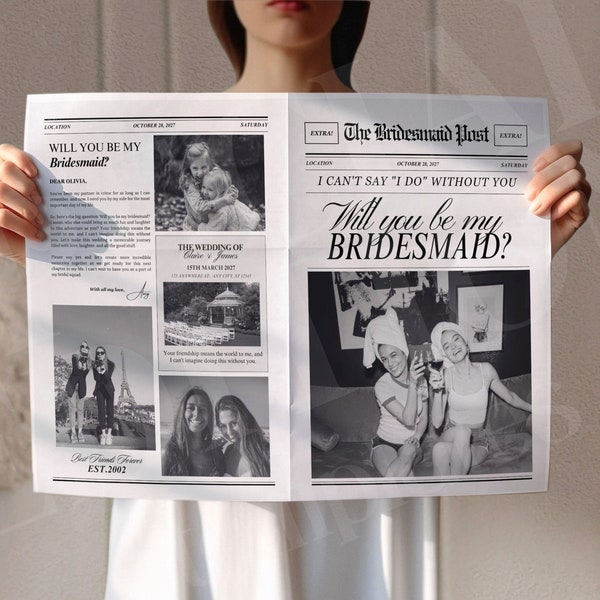 Brautjungfern-Vorschlags-Zeitungsstrauß, Canva Brautjungfern-Zeitungsblumen-Wrap, Zeitungs-Brautjungfern-Vorschlagskarten-Vorlage, 084