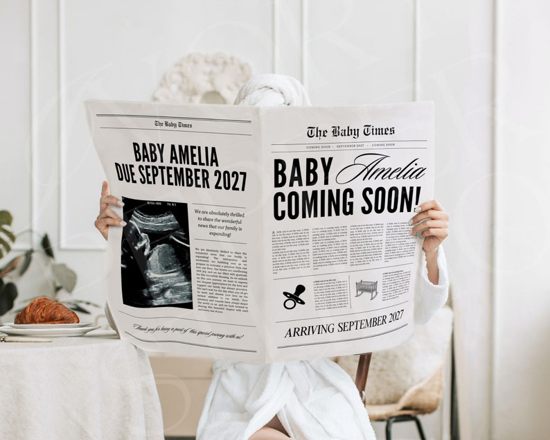Large newspaper baby announcement, Canva newspaper pregnancy announcement, Pregnancy announcement newspaper, Newspaper baby shower, 088 image 2