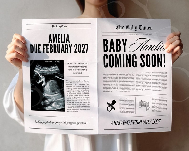 Large newspaper baby announcement, Canva newspaper pregnancy announcement, Pregnancy announcement newspaper, Newspaper baby shower, 088 image 6