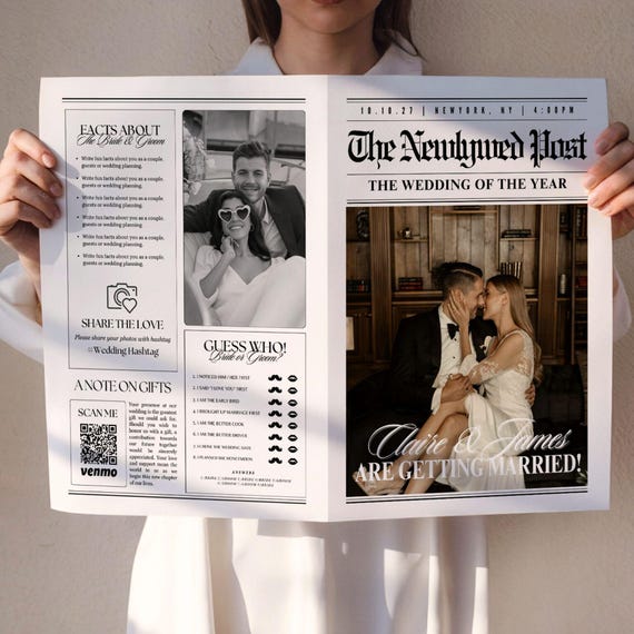 Large Newspaper Wedding Program, Canva Wedding Newspaper Template, Printable Wedding Invitation, Editable Wedding Day Custom Newspaper, 110