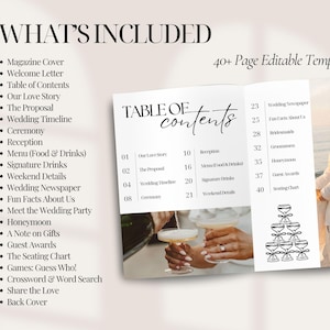 May include: A wedding template with a list of included items and a 40+ page editable template. The template includes a table of contents, wedding timeline, and menu. The image also shows a couple embracing and toasting with champagne glasses.