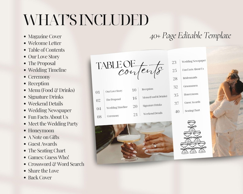 May include: A wedding template with a list of included items and a 40+ page editable template. The template includes a table of contents, wedding timeline, and menu. The image also shows a couple embracing and toasting with champagne glasses.