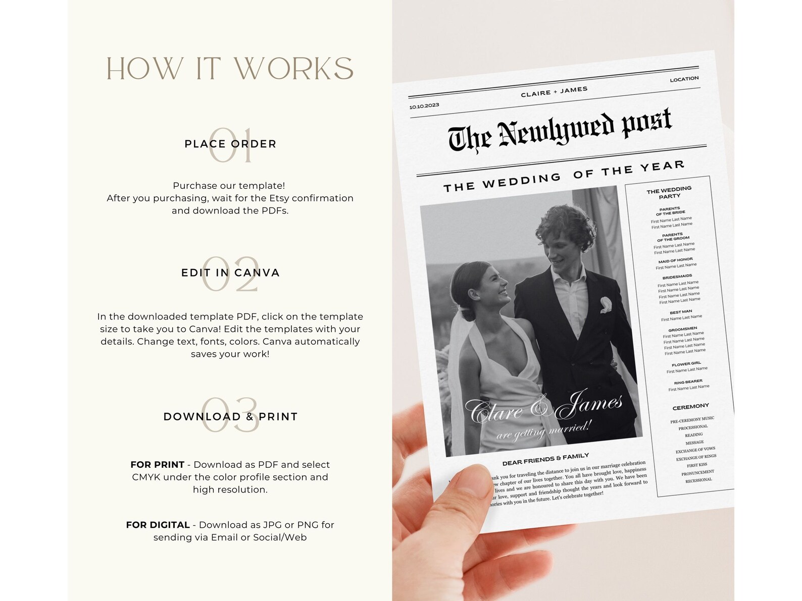 2 Sided Canva Wedding Newspaper Template, Editable Newspaper Wedding