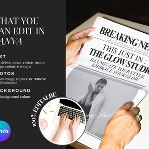 Op de afbeelding: Een laptop met een witte achtergrond en een krant met de kop "Breaking News: This Just In: The Glow Studio. Illuminate Your Style, Embrace Your Glow."