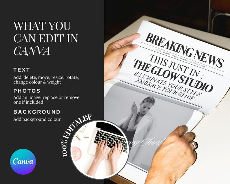 Op de afbeelding: Een laptop met een witte achtergrond en een krant met de kop "Breaking News: This Just In: The Glow Studio. Illuminate Your Style, Embrace Your Glow."