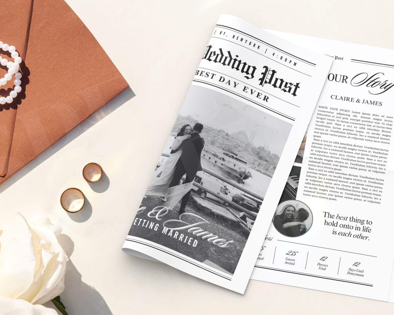 May include: A wedding-themed newspaper titled "Wedding Post" with the headline "Best Day Ever." The newspaper features a black and white photo of a couple embracing, with the words "Getting Married" below. Also visible are wedding rings, an envelope, and a pearl necklace.