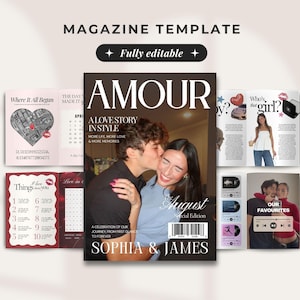 Può includere: Modello di rivista con la parola "AMOUR" sulla copertina. La rivista presenta una coppia che si bacia, con il testo "A Love Story in Style" e "August Special Edition". Altre pagine mostrano layout di calendari e foto.