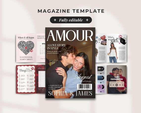 Personalized Couple Magazine Template, Custom Anniversary gift for boyfriend, Birthday Gifts for him and her, Canva Magasine, 327